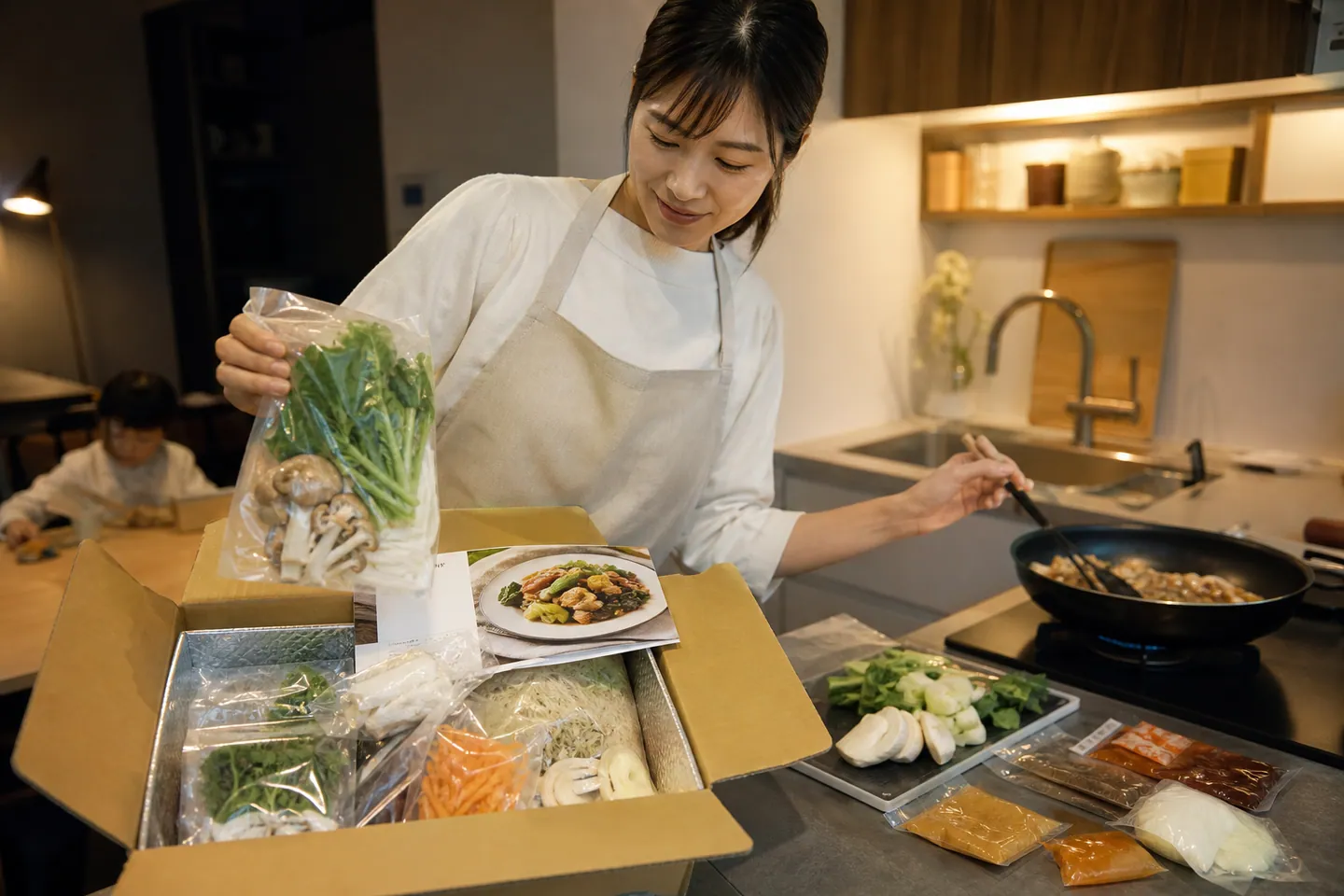 Langganan meal kit dengan menu dan porsi siap masak · Gambar buatan AI